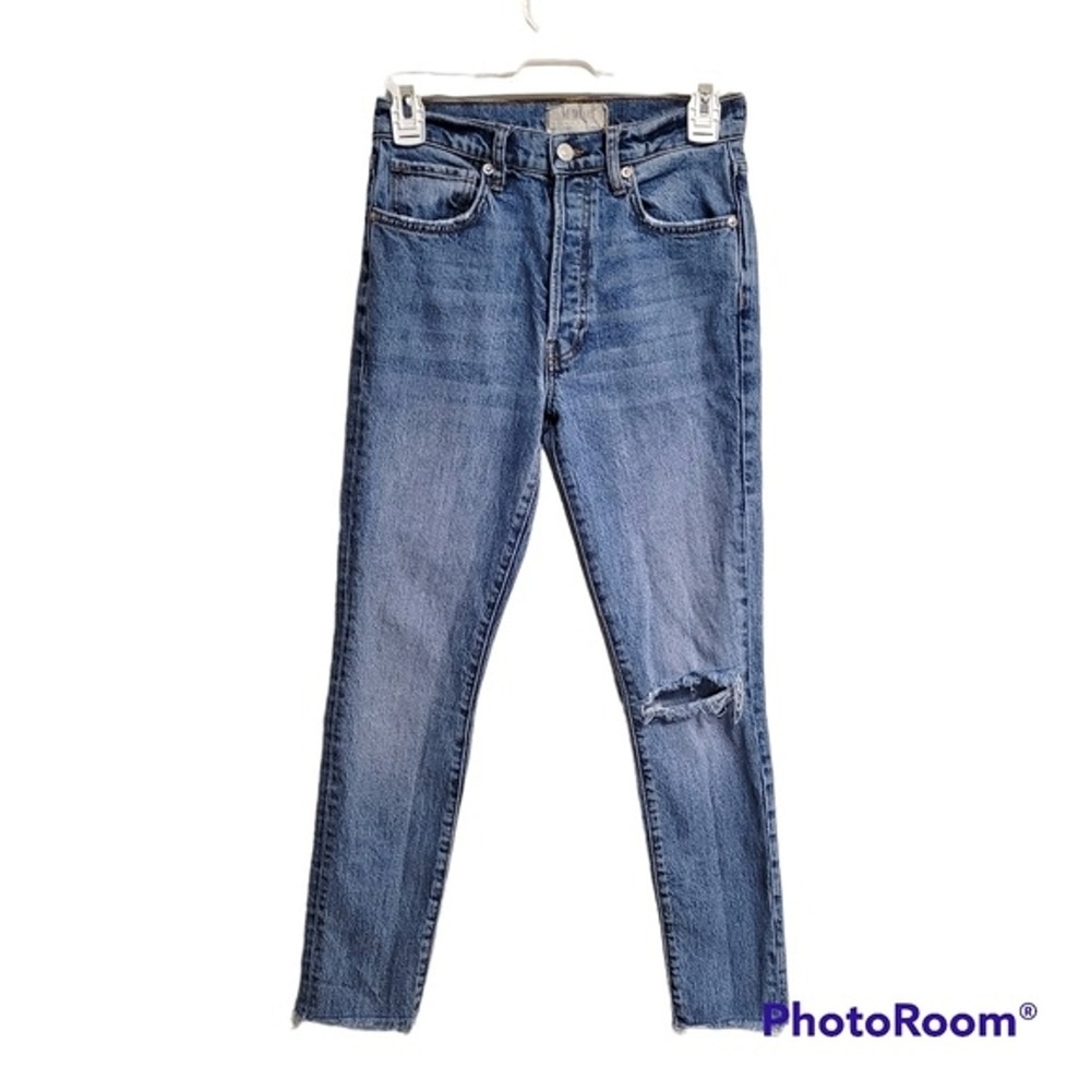 Free People We The Free Button Fly Stella Skinny Rip Raw Hem Blue Jeans Size 25